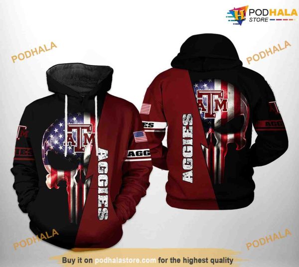 Texas A&M Aggies US Flag Skull NCAA 3D Hoodie, Sweatshirt, Shirt