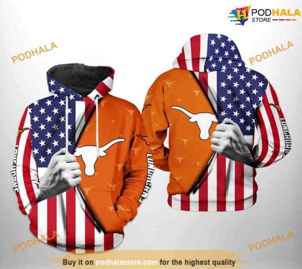 Texas Longhorns US Flag NCAA 3D Hoodie, Sweatshirt, Shirt