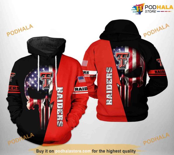 Texas Tech Red Raiders US Flag Skull NCAA 3D Hoodie, Sweatshirt, Shirt