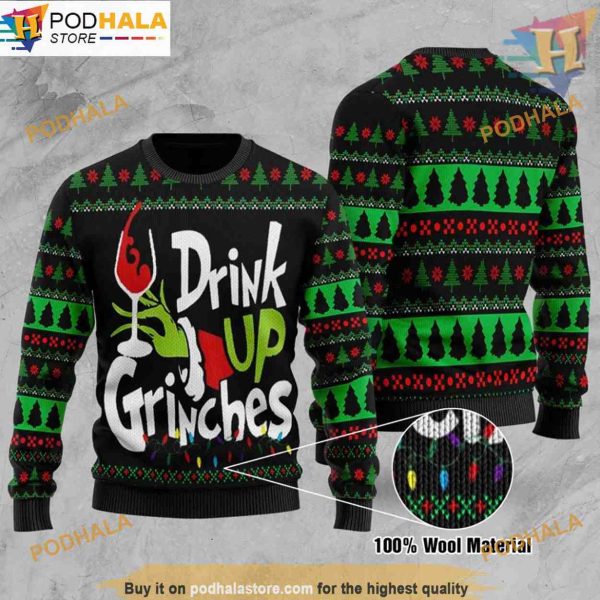 The Grinch Drink Up Ugly Christmas Sweater, Funniest Ugly Christmas Sweater