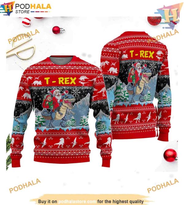 Trex Santa Riding Ugly Christmas Sweater, Great Gift For Christmas