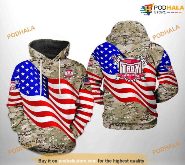 Troy Trojans US Flag Camo Veteran NCAA 3D Hoodie, Sweatshirt, Shirt