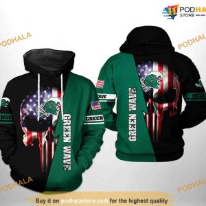 Tulane Green Wave US Flag Skull NCAA 3D Hoodie, Sweatshirt, Shirt