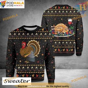 Turkey & Wine Ugly Christmas Sweater, Great Gift For Christmas