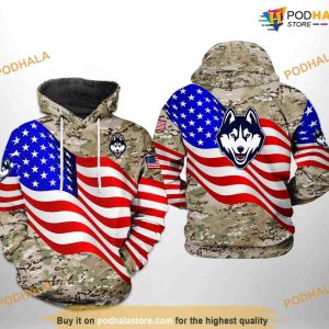 UConn Huskies US Flag Camo Veteran NCAA 3D Hoodie, Sweatshirt, Shirt