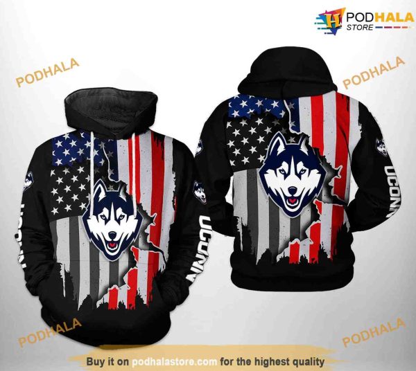 UConn Huskies US Flag NCAA 3D Hoodie, Sweatshirt, Shirt