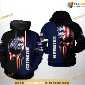 UConn Huskies US Flag Skull NCAA 3D Hoodie, Sweatshirt, Shirt