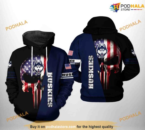 UConn Huskies US Flag Skull NCAA 3D Hoodie, Sweatshirt, Shirt