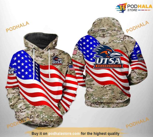 UTSA Roadrunners US Flag Camo Veteran NCAA 3D Hoodie, Sweatshirt, Shirt