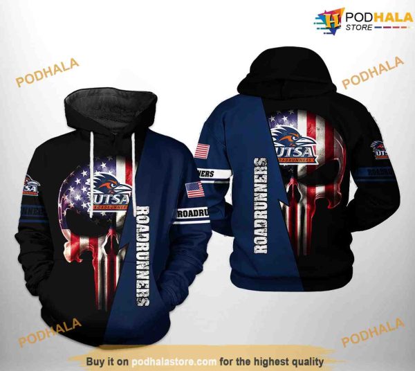 UTSA Roadrunners US Flag Skull NCAA 3D Hoodie, Sweatshirt, Shirt