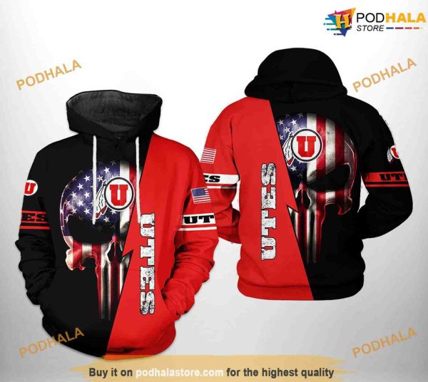 Utah Utes US Flag Skull NCAA 3D Hoodie, Sweatshirt, Shirt