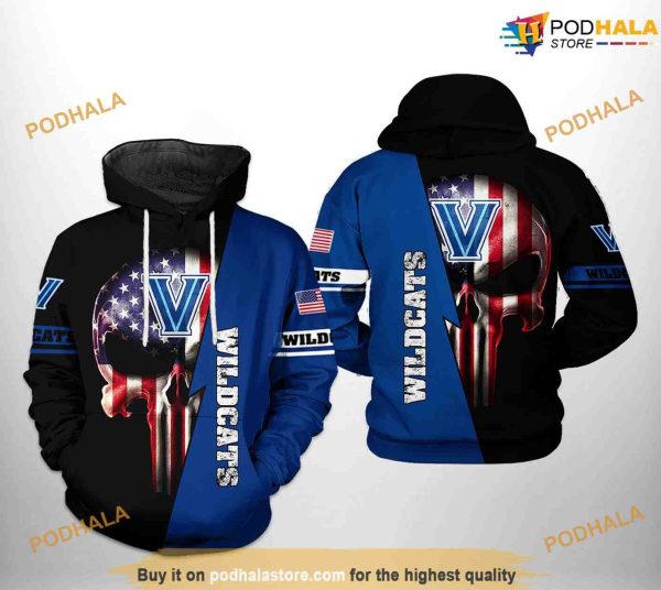 Villanova Wildcats US Flag Skull NCAA 3D Hoodie, Sweatshirt, Shirt
