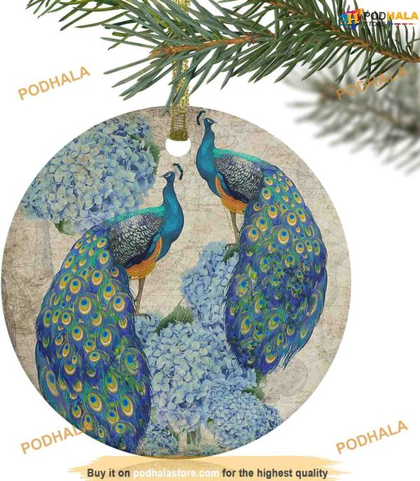 Vintage Peacock & Hydrangea Ornament, Friends Christmas Ornaments
