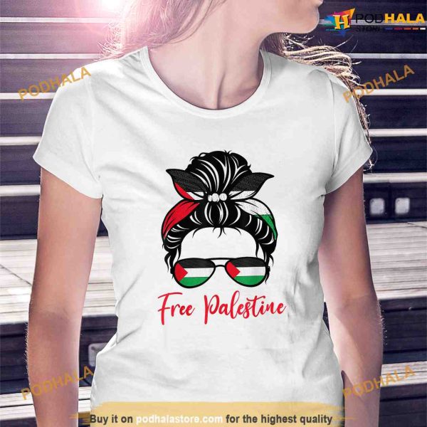 Women Palestine Flag Messy Bun Shirts Free Palestine Shirt, Political Gift