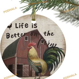Wooden Barn & Chicken Ornament, Family Christmas Tree Ornaments