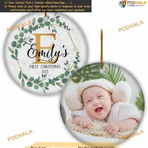 2023 Personalized Baby First Christmas, Custom Photo Ceramic Monogram Ornament