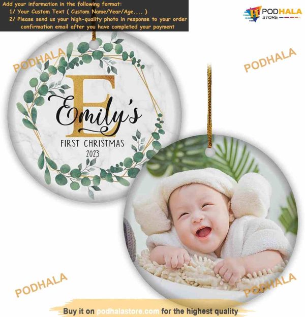 2023 Personalized Baby First Christmas, Custom Photo Ceramic Monogram Ornament