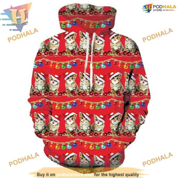 3D Cat Xmas Print Men’s 3D Hoodie, Funny Christmas Gift Ideas