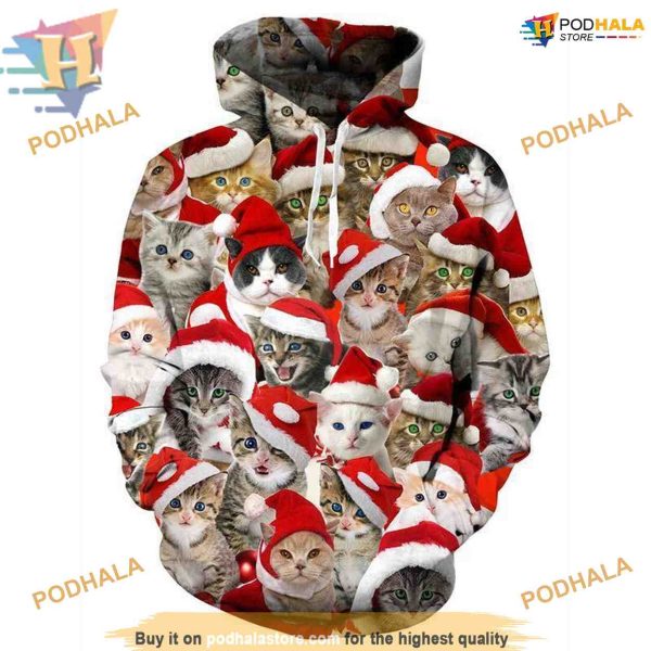 3D Christmas Cat Printed Hoodie, Creative Xmas Gift
