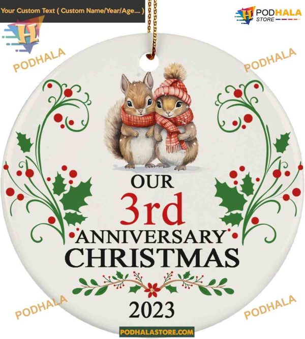3rd Anniversary Squirrel Ornament, 3 Years Together Christmas Keepsake