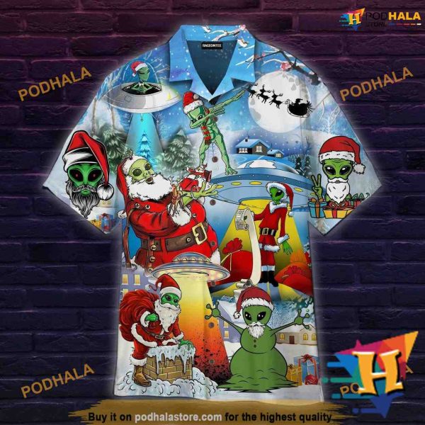 Alien & Santa Christmas Aloha Shirt, Mens Christmas Hawaiian Shirt