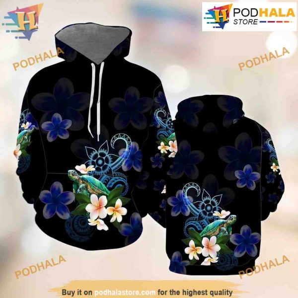 Amazing Polynesian Turtle With Plumeria Flowers All Over Print 3D Hoodie