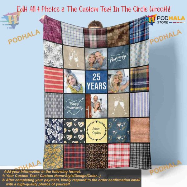Anniversary Gift Personalized Quilt-Style Photo Blanket, Romantic Couples Ideas