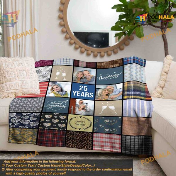 Anniversary Gift Personalized Quilt-Style Photo Blanket, Romantic Couples Ideas