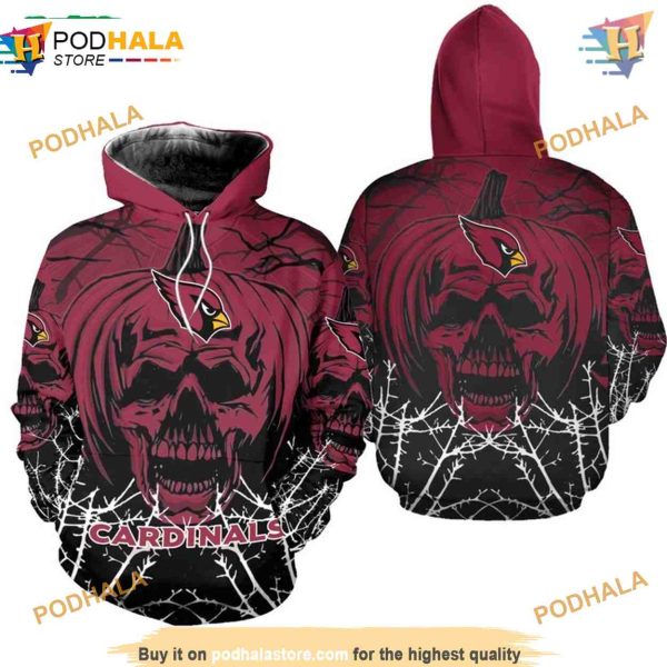 Arizona Cardinals Hoodie 3D Halloween Pumpkin Skull Print, Fan Gift