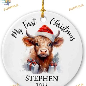 Baby Cow Santa Hat Christmas Ornament 2023, Personalized Baby Keepsake