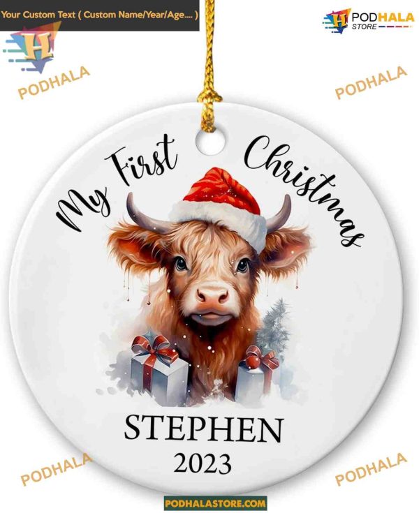 Baby Cow Santa Hat Christmas Ornament 2023, Personalized Baby Keepsake