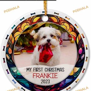 Baby Dog's First Christmas 2023 Personalized Photo Ceramic Ornament, Custom Keepsake Gift