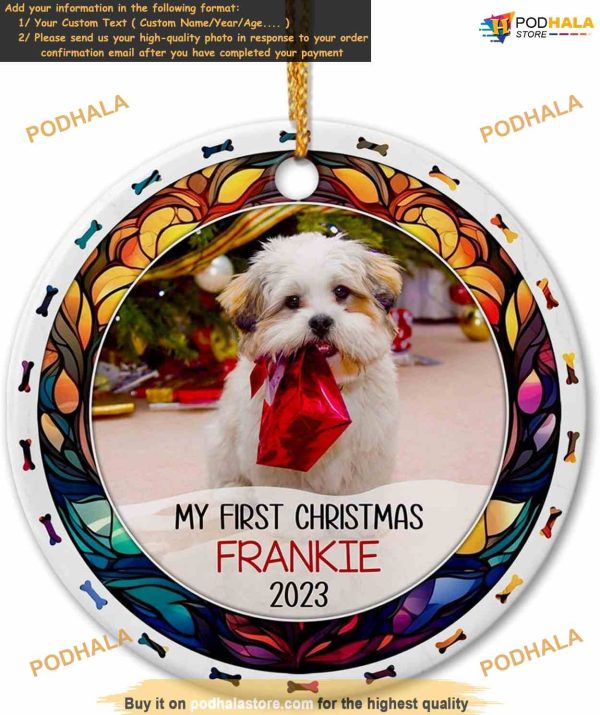 Baby Dog’s First Christmas 2023 Personalized Photo Ceramic Ornament, Custom Keepsake Gift