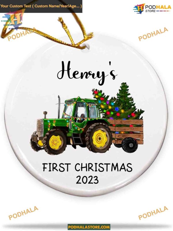 Baby’s 1st Christmas 2023 Ornament, Personalized Baby Keepsake, Tractor Design