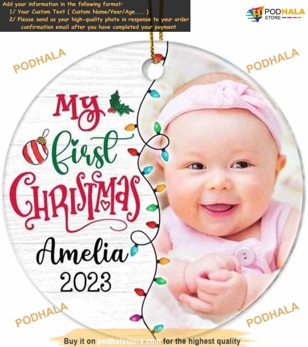 Baby’s First Christmas 2023 Custom Photo Ornament, Personalized Circle Ceramic Decor