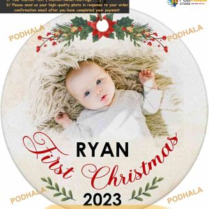 Baby's First Christmas 2023 Custom Photo Ornament, Personalized Holiday Tree Decor