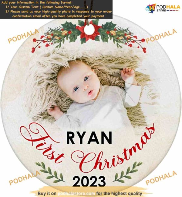 Baby’s First Christmas 2023 Custom Photo Ornament, Personalized Holiday Tree Decor