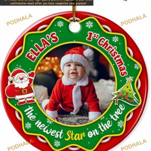 Baby's First Christmas 2023 Personalized Ceramic Ornament, Custom Baby Photo Keepsake