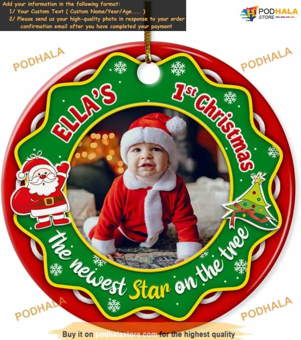 Baby’s First Christmas 2023 Personalized Ceramic Ornament, Custom Baby Photo Keepsake