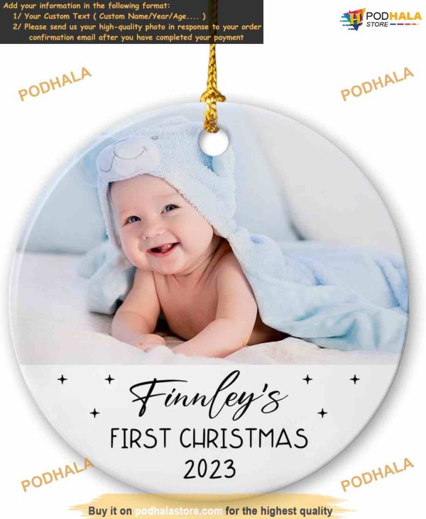 Baby’s First Christmas 2023 Personalized Photo Ceramic Ornament, Custom Tree Decor Gift