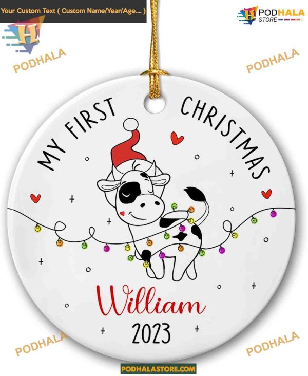 Baby’s First Christmas Cow 2023, Personalized Newborn Keepsake Ornament