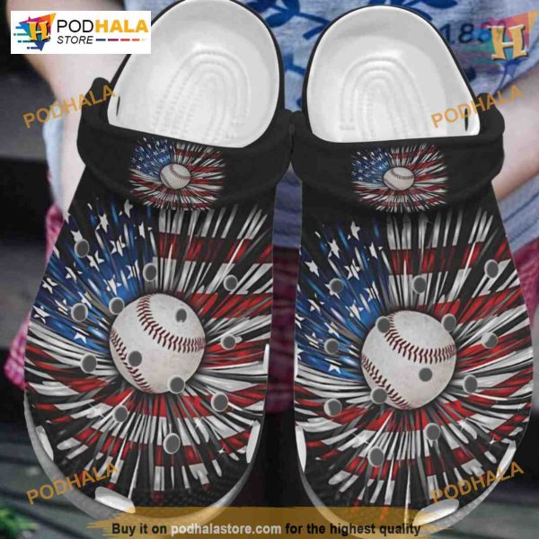 Baseball Ball Falls Usa Flag Player Shoes Crocs, Funny Xmas Gifts