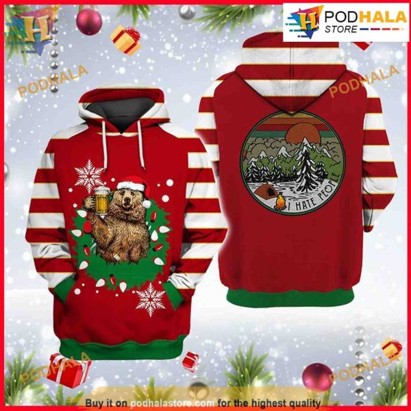 Bear Beer I Hate People 3D Hoodie Christmas, Funny Xmas Gifts