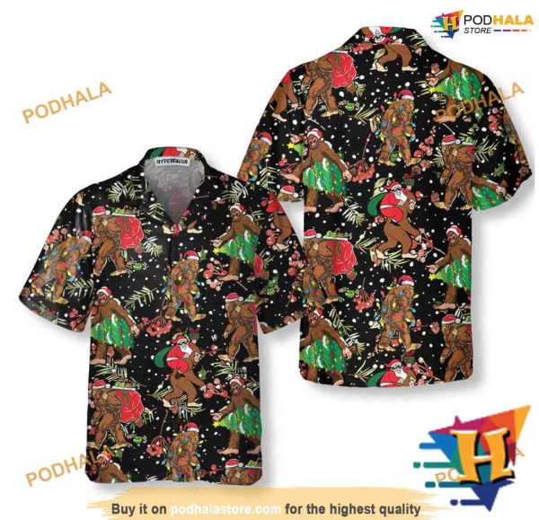 Bigfoot Santa Christmas Pattern Hawaiian Shirt, Funny Xmas Gifts