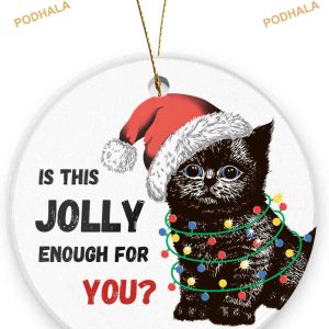 Black Cat Santa Jolly Enough 2023 Ornaments, Family Christmas Tree Decorations