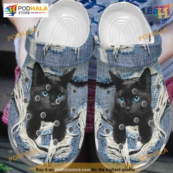 Black Cat Scratch Jean Shoes Little Animal Crocs, Funny Christmas Gift Ideas