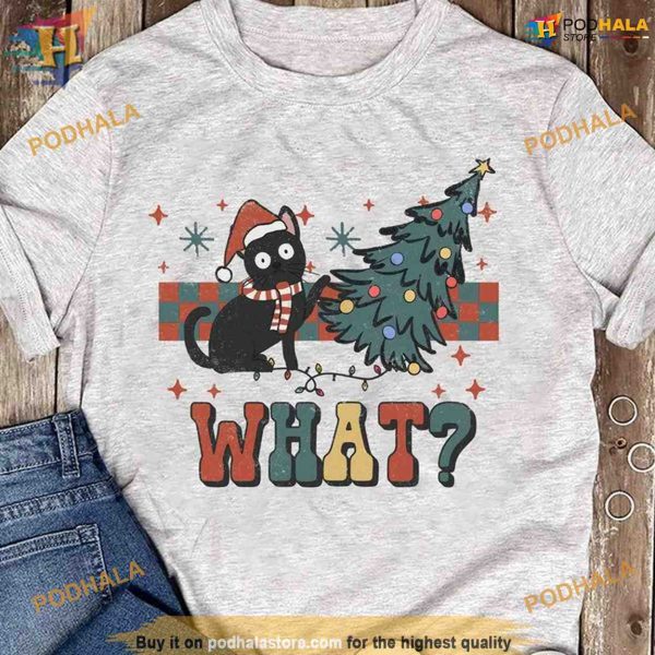 Black Cat and Checkerboard Christmas Tree Shirt, Matching Family Xmas Shirt