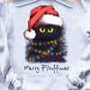 Black Cat's Merry Fluffmas Shirt, Santa Hat Feline Fun