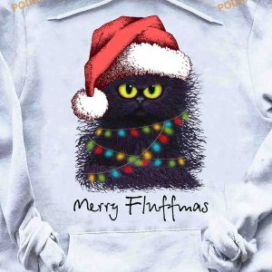 Black Cat's Merry Fluffmas Shirt, Santa Hat Feline Fun
