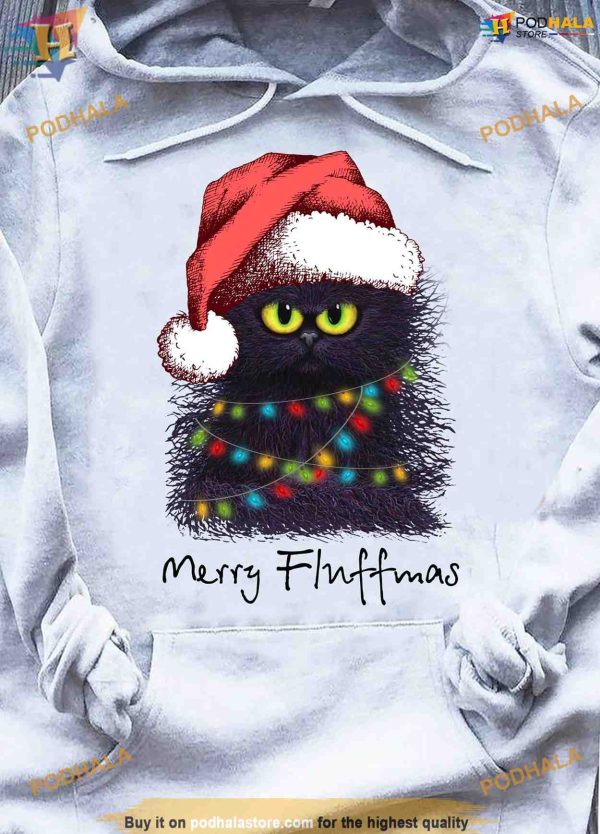 Black Cat’s Merry Fluffmas Shirt, Santa Hat Feline Fun